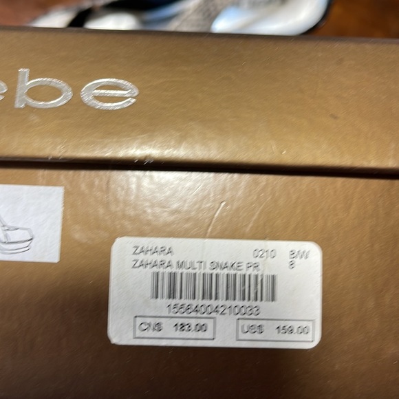 Bebe Zahara, black & white snake, open toe sling back platform stilettos, size 8 - Picture 11 of 11